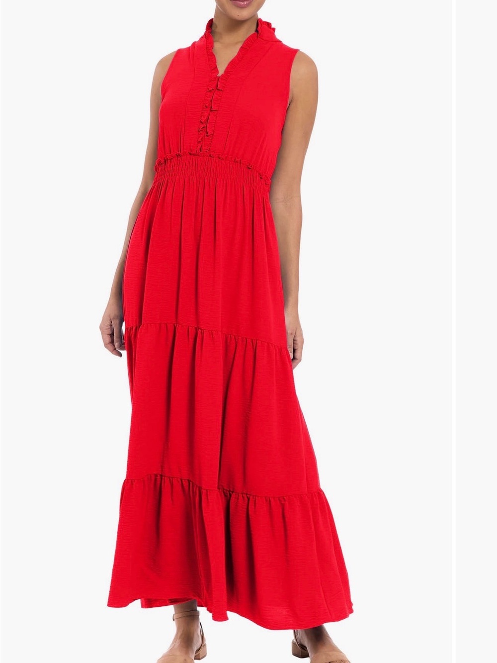 London Times Red Sleeveless Ruffle Maxi Dress